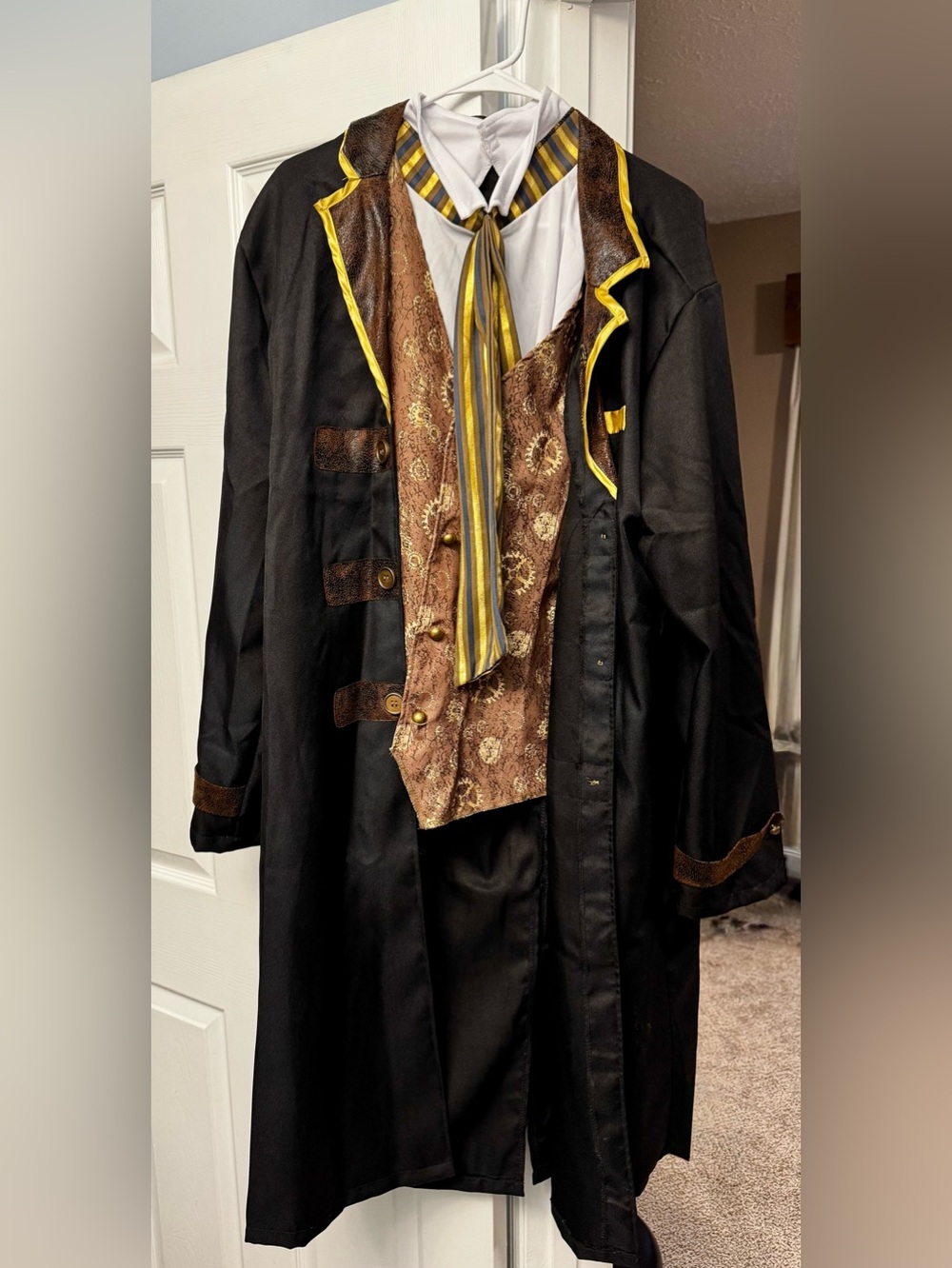 🎃 Spirit Black Trench Coat with Brown Brocade Vest and Yellow Trim-Steampunk